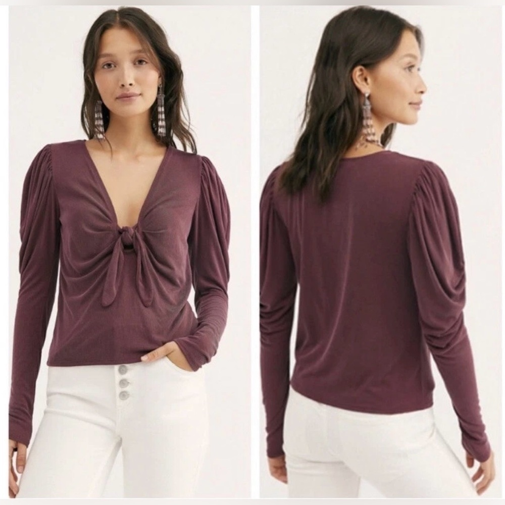 Free People Knot Me Tie Front V Neck Long Sleeve Shirt Womens Small